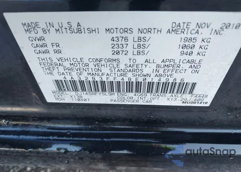2011 Mitsubishi Galant Es/Se from USA, damaged, VIN 4A32B3FF4BE014986